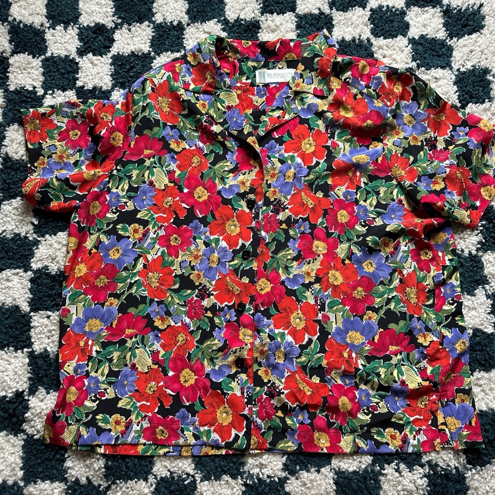 Liz Claiborne Floral Button Down Shirt - Red, Blue, Green